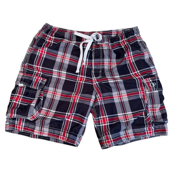 Op Plaid Shorts or Swim Trunks With Liner Black Red White Draw String - Picture 1 of 3